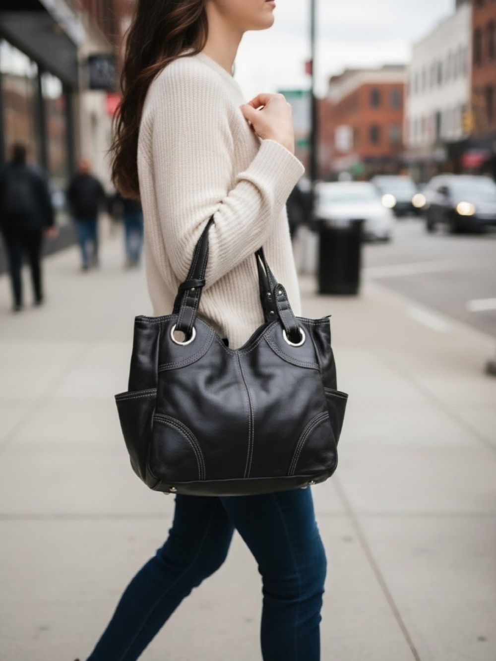 Tignanello Black Leather Shoulder Bag with Silver Ring Accents